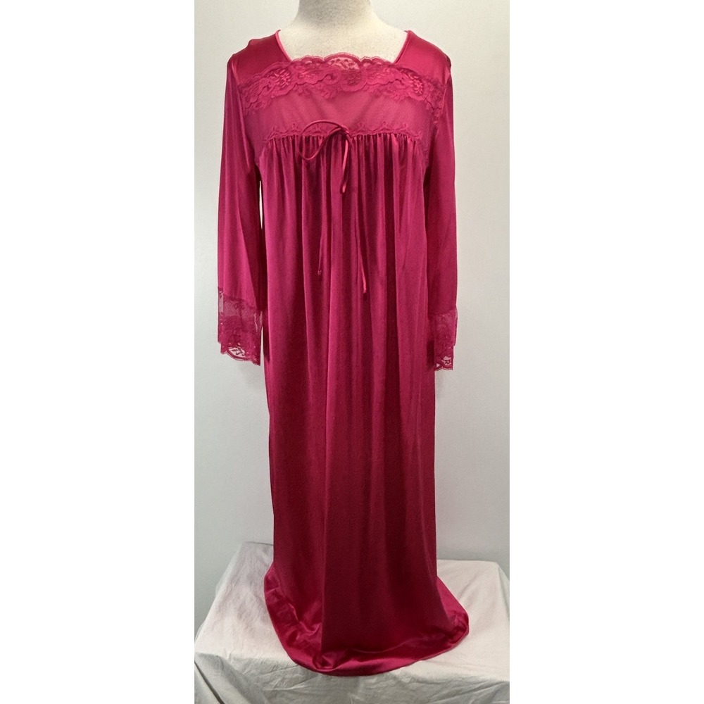 Vtg Shadowline Nylon Long Nightgown Women's M Dark Pink Lace Trim 70s Made USA